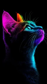 Neon stargazer cat glows in electric rainbow moonlight.