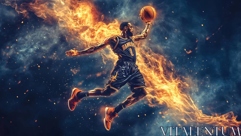 Flame-lit dunk comet streaking across a smoky night sky.