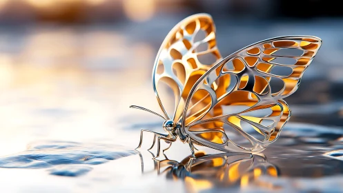 Shimmering metal butterfly rests gently on sunlit water