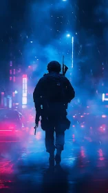 Tactical silhouette in neon-saturated rainy urban corridor.