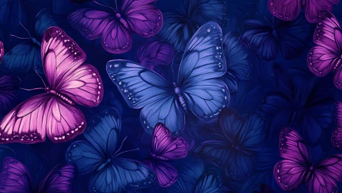 Vibrant violet and blue butterflies over deep indigo field.