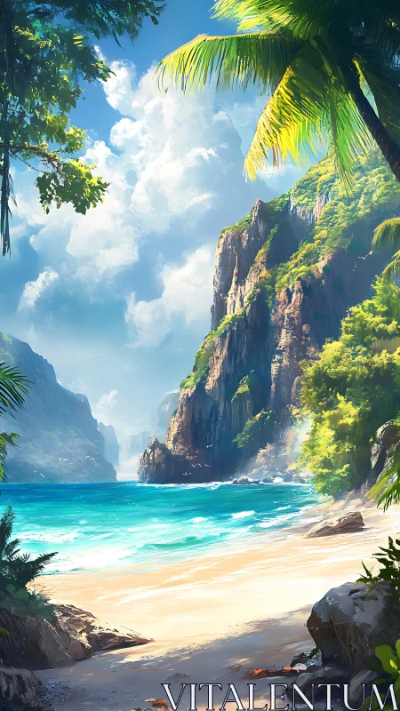 Tropical Paradise Hidden Cove with Towering Cliffs and Turquoise Waters