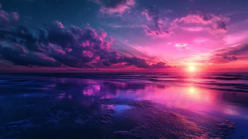Radiant pink sunset bathes a tranquil ocean in dreamy light