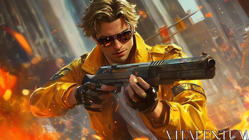 Urban marksman in blazing yellow coat amid chaos.