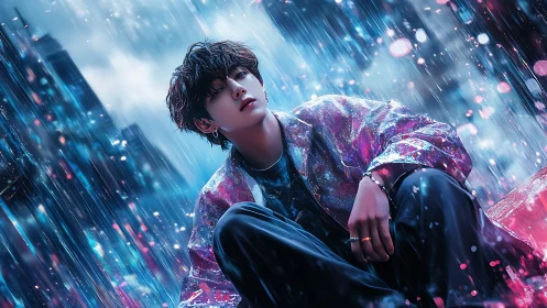 Young person sits in neon rain against blurred cityscape