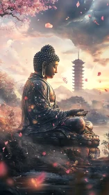 Buddha statue in serene cherry blossom mountain landscape.