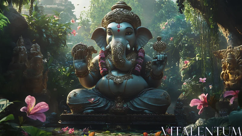 Ganesha sculpture seated in lush jungle temple setting.