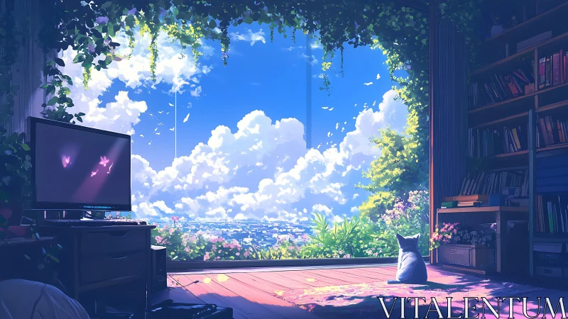 Cat in quiet room facing bright cloud filled city view.