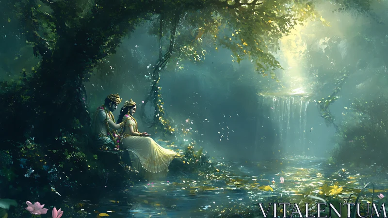Enchanted Reunion: Lovers Beneath Luminous Verdant Canopy.