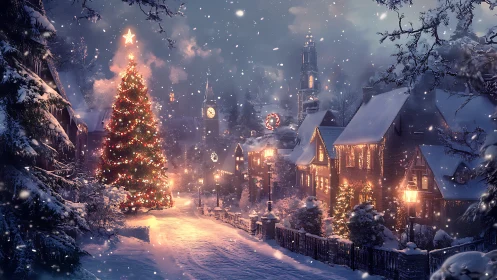 Snowy village street wrapped in twinkling Christmas lights.