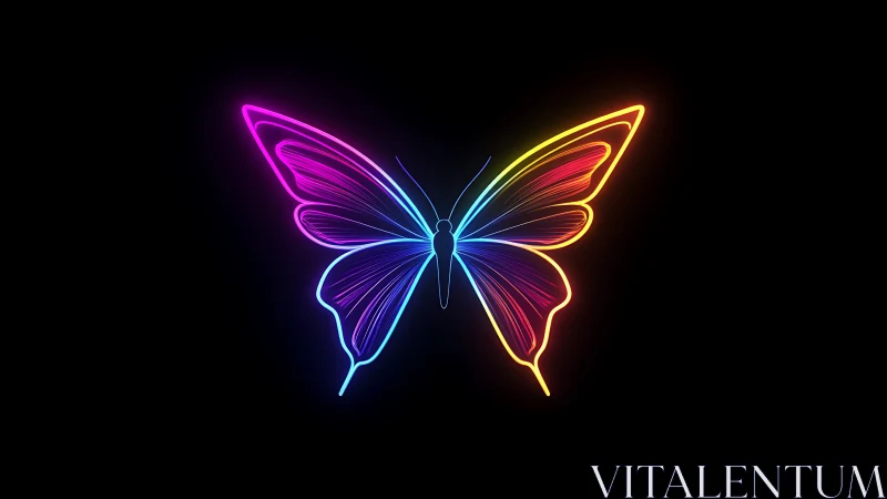 Neon lines sketch a rainbow butterfly shimmering in digital dusk