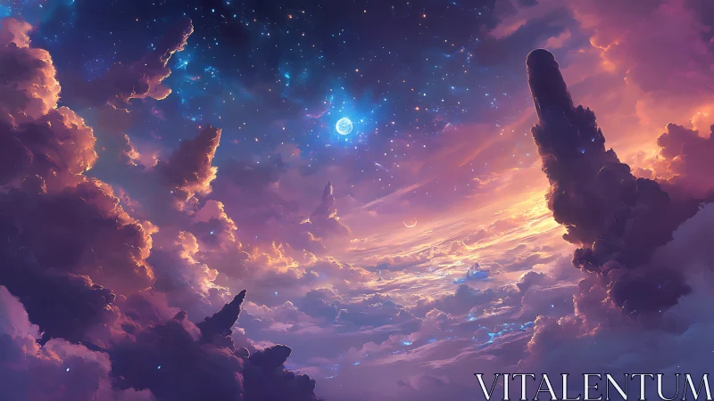 Celestial clouds swirl beneath a radiant moonlit sky.