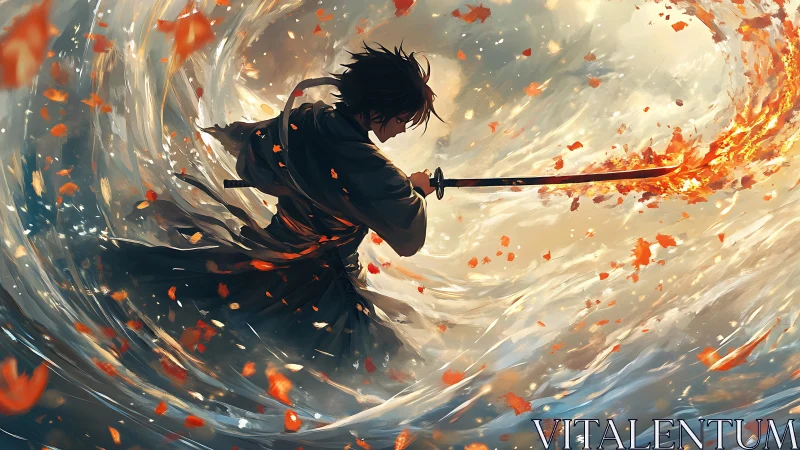 Swordsman swings flaming katana inside swirling wind vortex