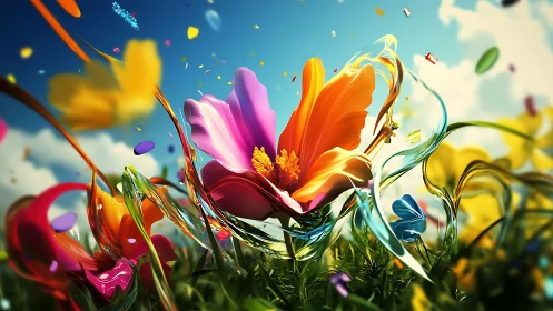 Vibrant flowers rendered with translucent petals against blue sky background.