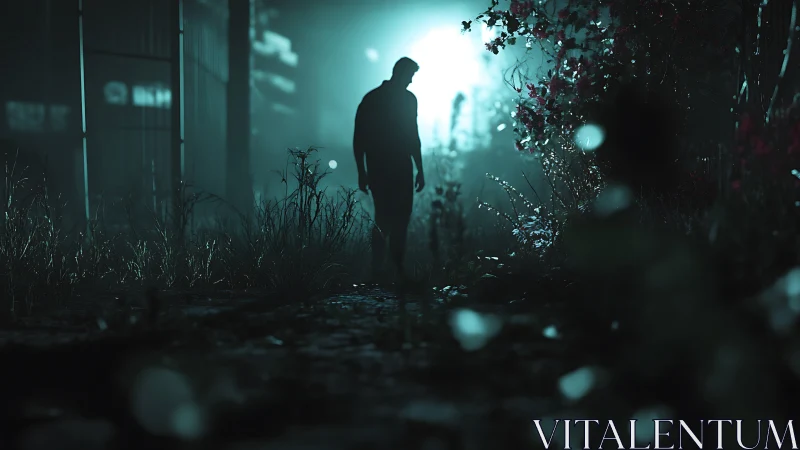 Mysterious figure strolls through a misty, moonlit pathway