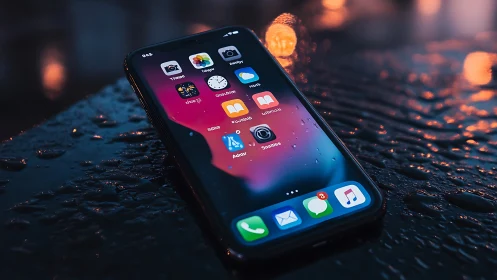 Smartphone displaying vibrant gradient interface with ambient bokeh lighting.