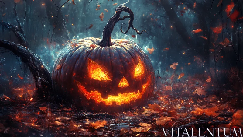 Glowing jack o’lantern smiles boldly in a misty autumn forest