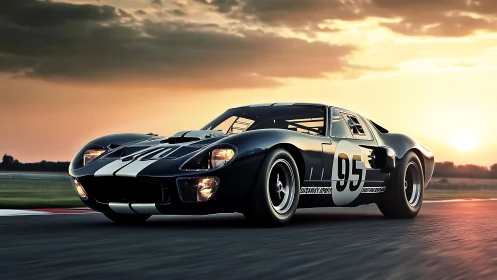 Sunset sprint of a vintage black racing legend in motion.