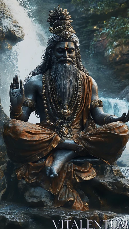 Meditative stone sage idol with bronze drapery beside waterfall.