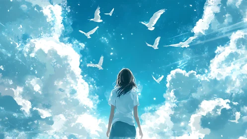 Girl beneath wide blue sky watching doves in bright flight.