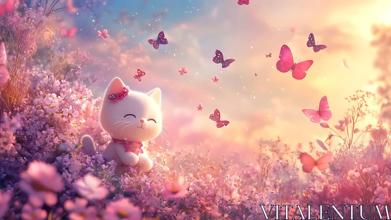 Animated Cat Figure Among Flowering Plants with Butterflies