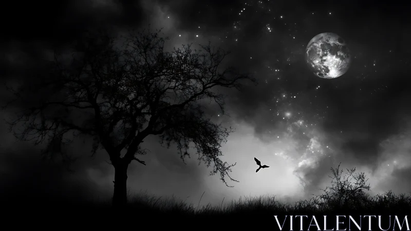 Solitary tree frames full moon above night meadow