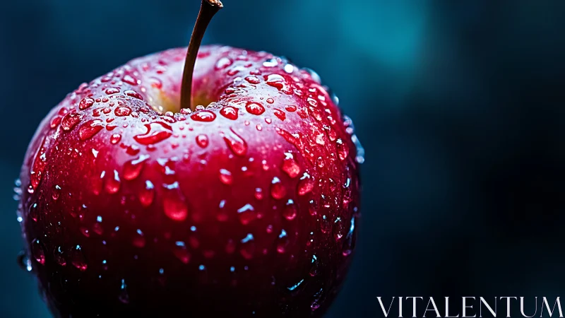 Macro red apple with water droplets against teal bokeh.