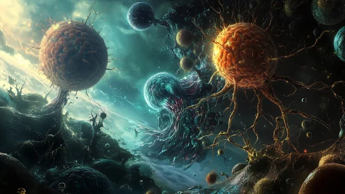 Surreal alien biospheres with glowing neural orbs.