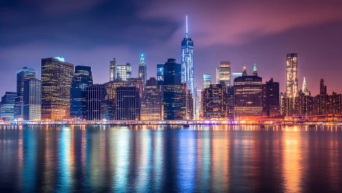Glowing city skyline reflects across calm night harbor waters.