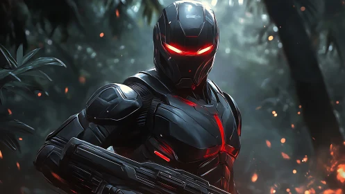 Armored cybernetic soldier advances through burning jungle terrain