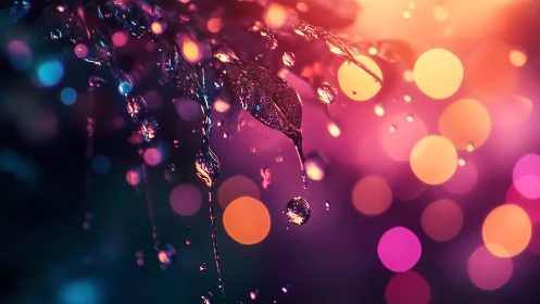 Glowing raindrops dance on leaves against dreamy city lights