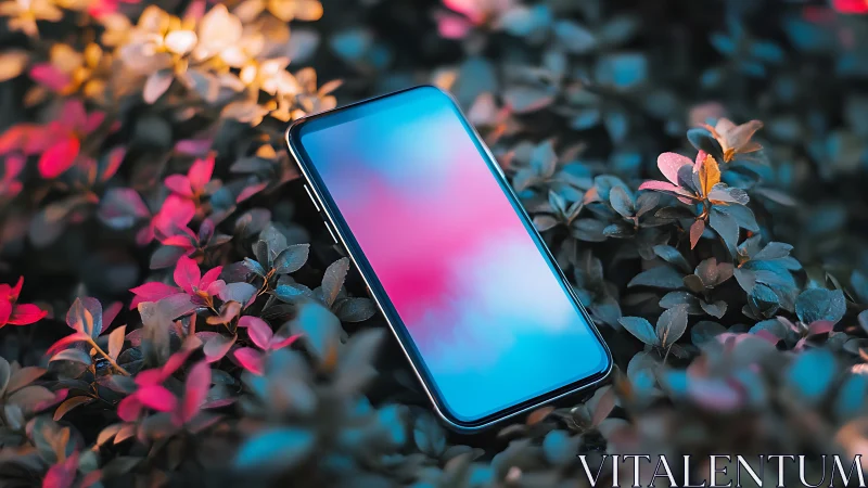Smartphone among pink and blue foliage in natural light.