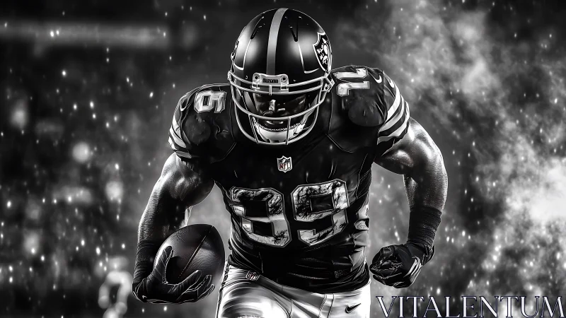 Monochrome NFL running back surges forward in dynamic motion