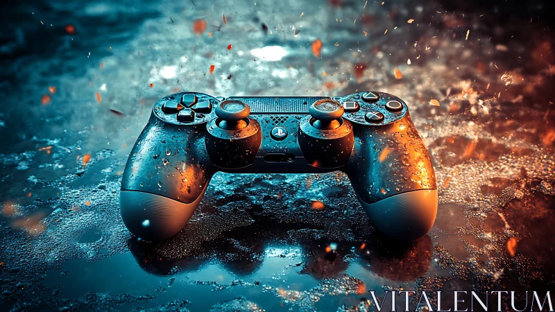 Game controller on wet reflective surface with sparks.