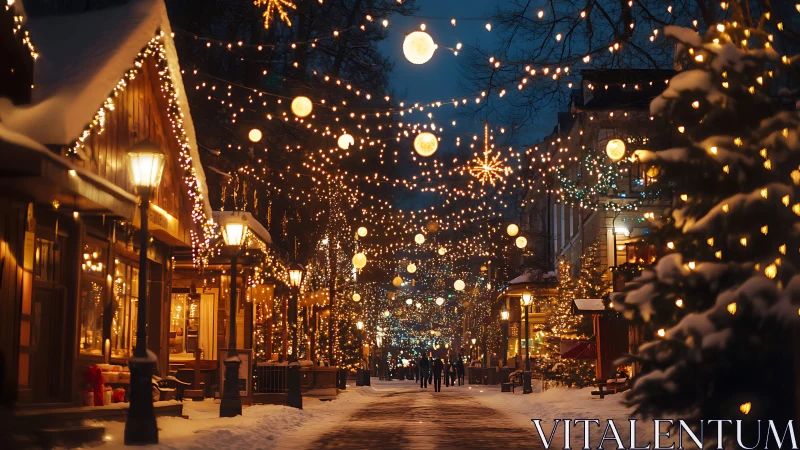 Snowy pedestrian street glows with dense winter lights