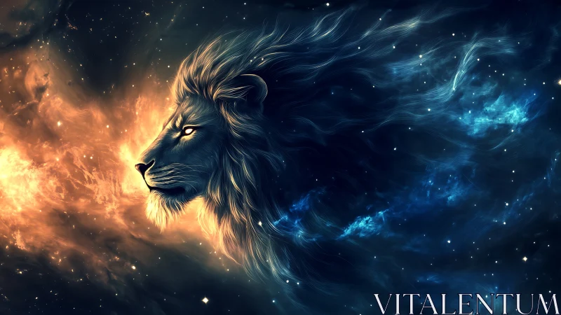 Starlit cosmic lion drifts between fire and deep nebula skies