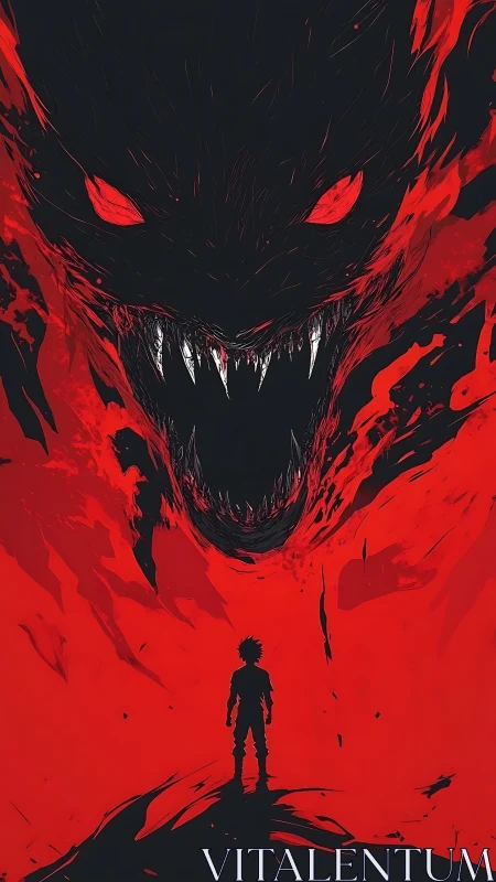 Silhouetted child facing vast red-eyed shadow beast.