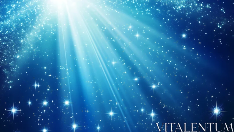 Starlit blue cosmos with radiant celestial light beams.