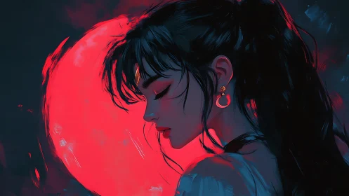 Crimson moon cradles a dreaming girl in electric silence