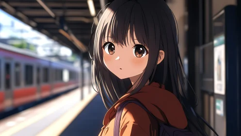 Brown-eyed girl waits on sunlit urban train platform.