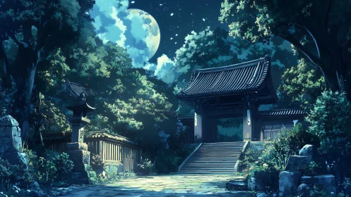 Moonlit temple gate beneath luminous forest canopy at night.