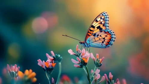 Digital macro study of butterfly on wildflower bokeh field.