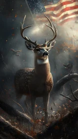Proud stag stands tall beneath a softly waving flag.