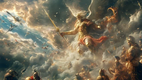 Winged armored figure leading celestial battle scene.