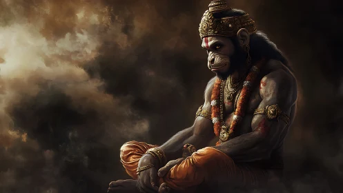 Serene monkey warrior in quiet, golden-lit meditation.