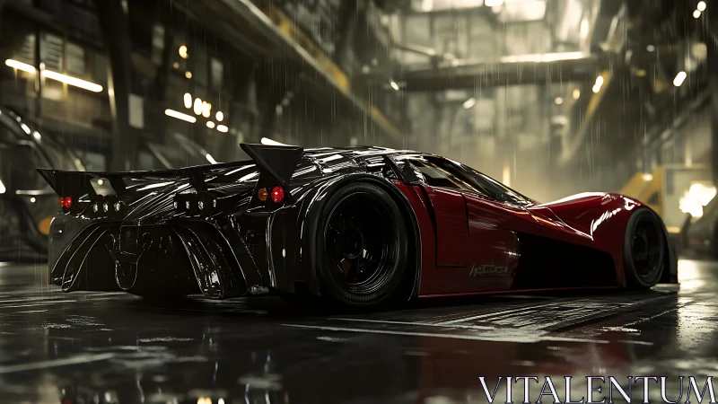 3D hypercar under rain in industrial hangar environment.