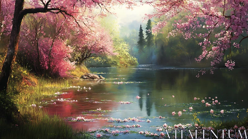 Cherry blossom river reflects soft spring forest light