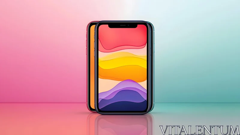 Modern smartphones with colorful abstract display on gradient background.