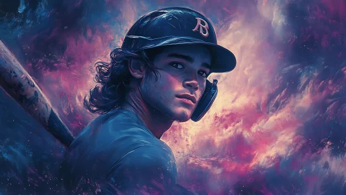 Cinematic digital portrait of a baseball batter in neon vaporwave light