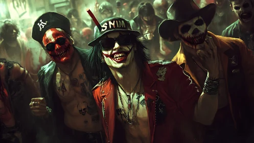 Parametric study of masked street ghouls in toxic neon haze.